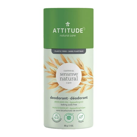 Attitude Baking Soda Free Deodorant For Sensitive Skin Enriched With Oatmeal And Avocado Oil, Ewg Verified, Aluminum Free, Plastic-Free, 3 Ounces.