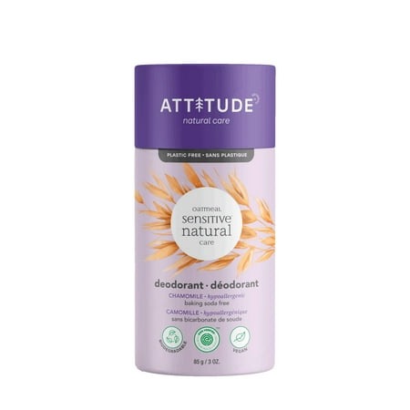 Attitude Baking Soda Free Deodorant For Sensitive Skin Enriched With Oatmeal And Chamomile, Ewg Verified, Aluminum Free, Plastic-Free, 3 Ounces.