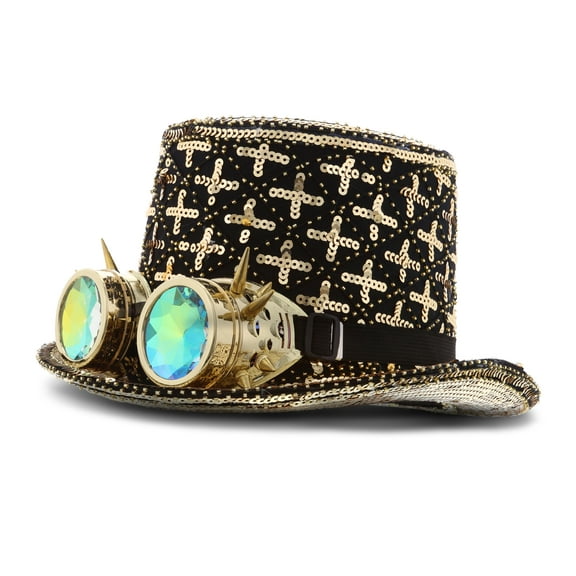 Attitude Studio Gold Paillette Steampunk Hat with Goggles - Halloween Party Hat