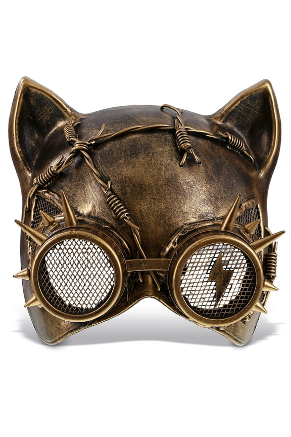Gold Steampunk Metallic Cat Mask Costume With Goggle Eye Wear
