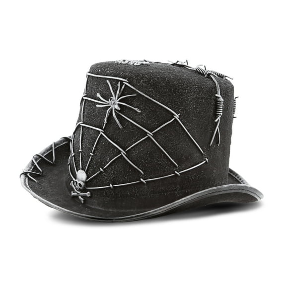 Attitude Studio Spider Skull Costume Top Hat Accessory - Black Steampunk Cosplay Hat with Skull, Spider, and Barbed Wire Design, Perfect Hat for Costume Parties, and Horror-Themed Events