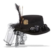 Attitude Studio Steampunk Costume Fedora Hat with Goggles Feather Gears - Black