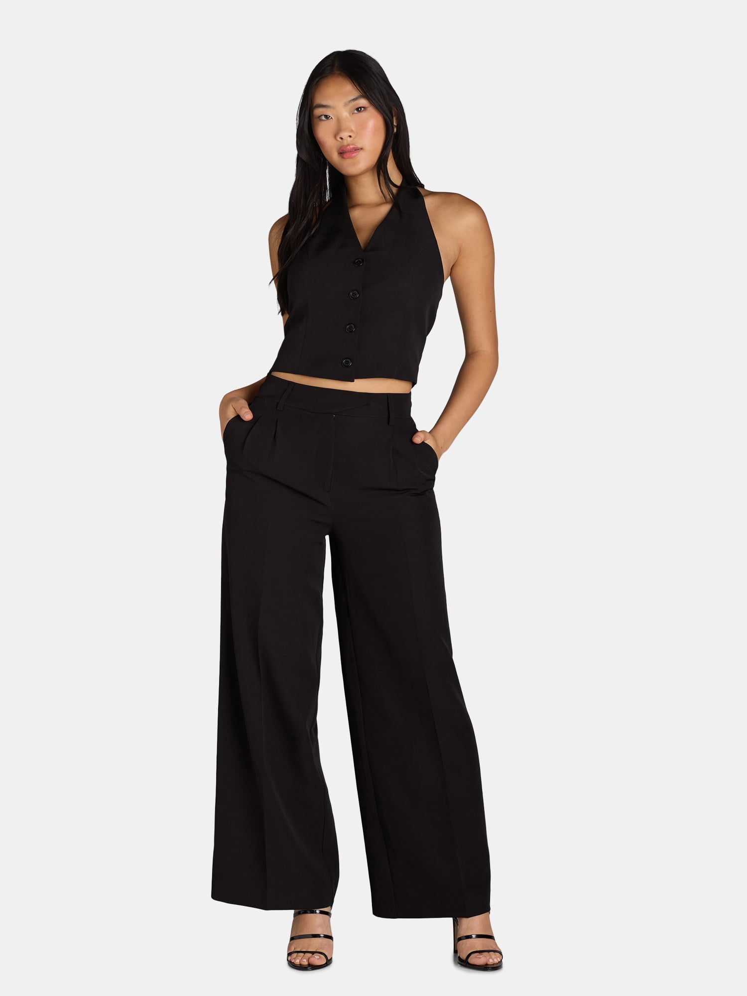 Attitude Unknown Women's Halter Vest and Wide Leg Pants Suit