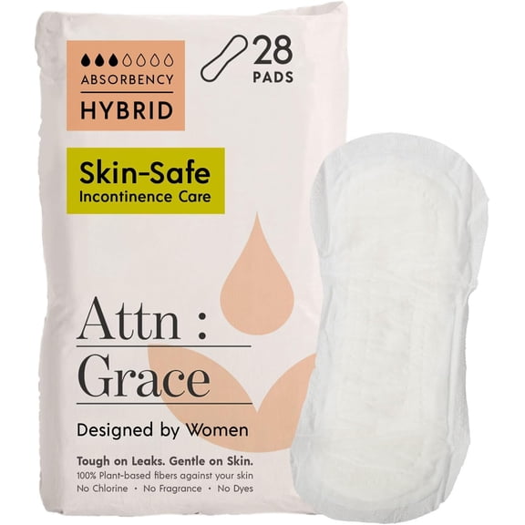 Attn: Grace Hybrid Incontinence Pads for Women, 28-Pack - High Absorbency, Breathable, Plant-Based - Incontinence Pads for Light Bladder Leaks & Sensitive Skin