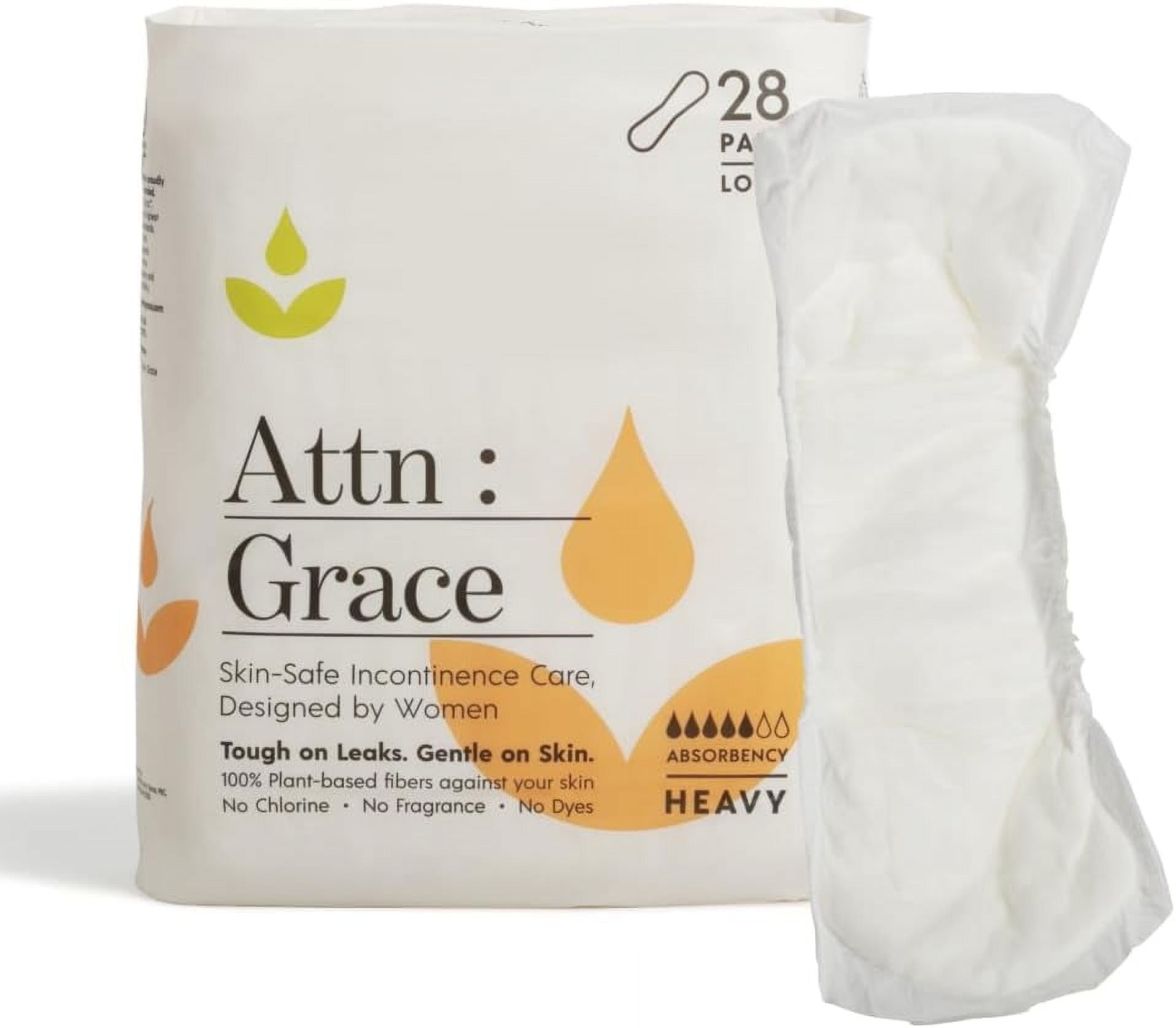 Attn: Grace Incontinence Heavy Pads for Women - 28-Pack - Max Absorption for Heavy Urinary Incontinence or Bladder Leakage - 100% Breathable and Plant-Based Materials with Active Odor Control