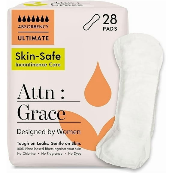 Attn: Grace Ultimate Incontinence Pads for Women (28-Pack) - Discreet High Absorbency Sensitive Skin Protection | Heavy Bladder Leaks or Postpartum | 100% Breathable & Plant-Based