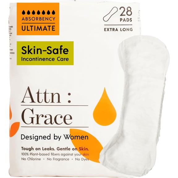 Attn: Grace Ultimate Incontinence Pads for Women 28-Pack - Plant-Based High Absorbency Breathable Overnight Heavy Bladder Leaks & Sensitive Skin