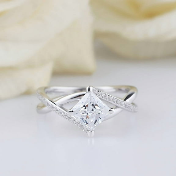 Atto Jewel 1.3 Ct Princess Cut Moissanite Solitaire Rings - 14K White Gold Plated Split Shank Engagement Ring for Women's - Criss Cross Jewelry for Wedding Promise or Symbolic Life Occasion