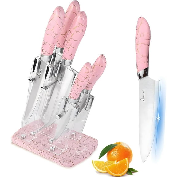 Attoe Kitchen Knife Set, 6-Piece Stainless Steel Knife Set with Block, Ultra Sharp Chef Knife Set with Ergonomic Handle for Home, Kitchen & Restaurant (Pink)