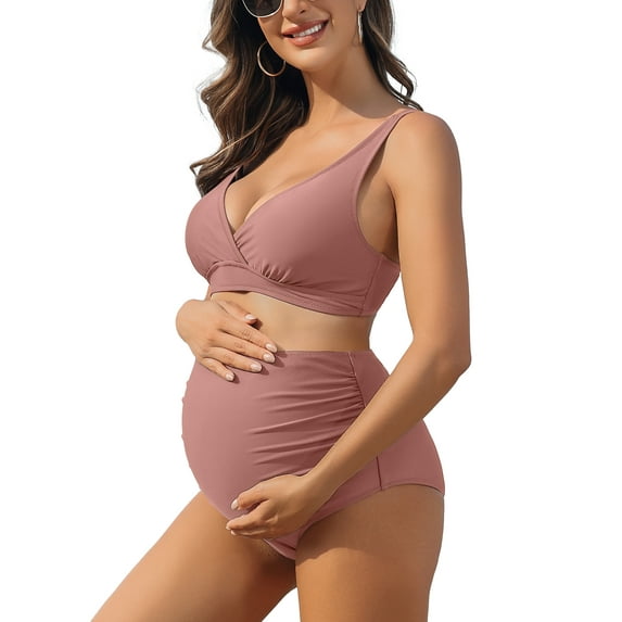 Attraco High Waisted Maternity Swimsuit Shoulder Straps Bikini Set Deep V Neck Pregnancy Bathing Suits Push Up Two Piece Swimwear