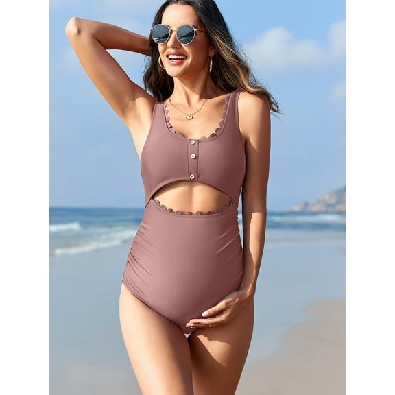Attraco Maternity Monokini One Piece Swimsuit Scalloped Cut Out Ruched High Waisted Scoop Neck Pregnancy Swimwear