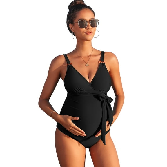 Attraco Maternity Swimsuit One Piece V Neck Pregnancy Bathing Suit Tie Front Waist in Ruched Swimwear