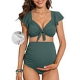 thumbnail image 1 of Attraco Maternity Swimsuit Scoop Neck Two Piece Ruffle Sleeve Ribbed Bikini Sets Ruched Bikini Tie Knot High Waisted Pregnancy Swimwear, 1 of 9