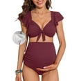 thumbnail image 1 of Attraco Maternity Swimsuit Scoop Neck Two Piece Ruffle Sleeve Ribbed Bikini Sets Ruched Bikini Tie Knot High Waisted Pregnancy Swimwear, 1 of 9