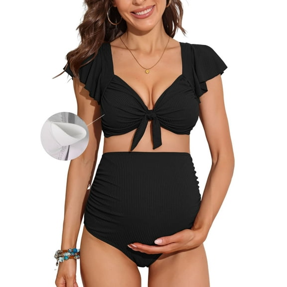 Attraco Maternity Swimsuit Scoop Neck Two Piece Ruffle Sleeve Ribbed Bikini Sets Ruched Bikini Tie Knot High Waisted Pregnancy Swimwear