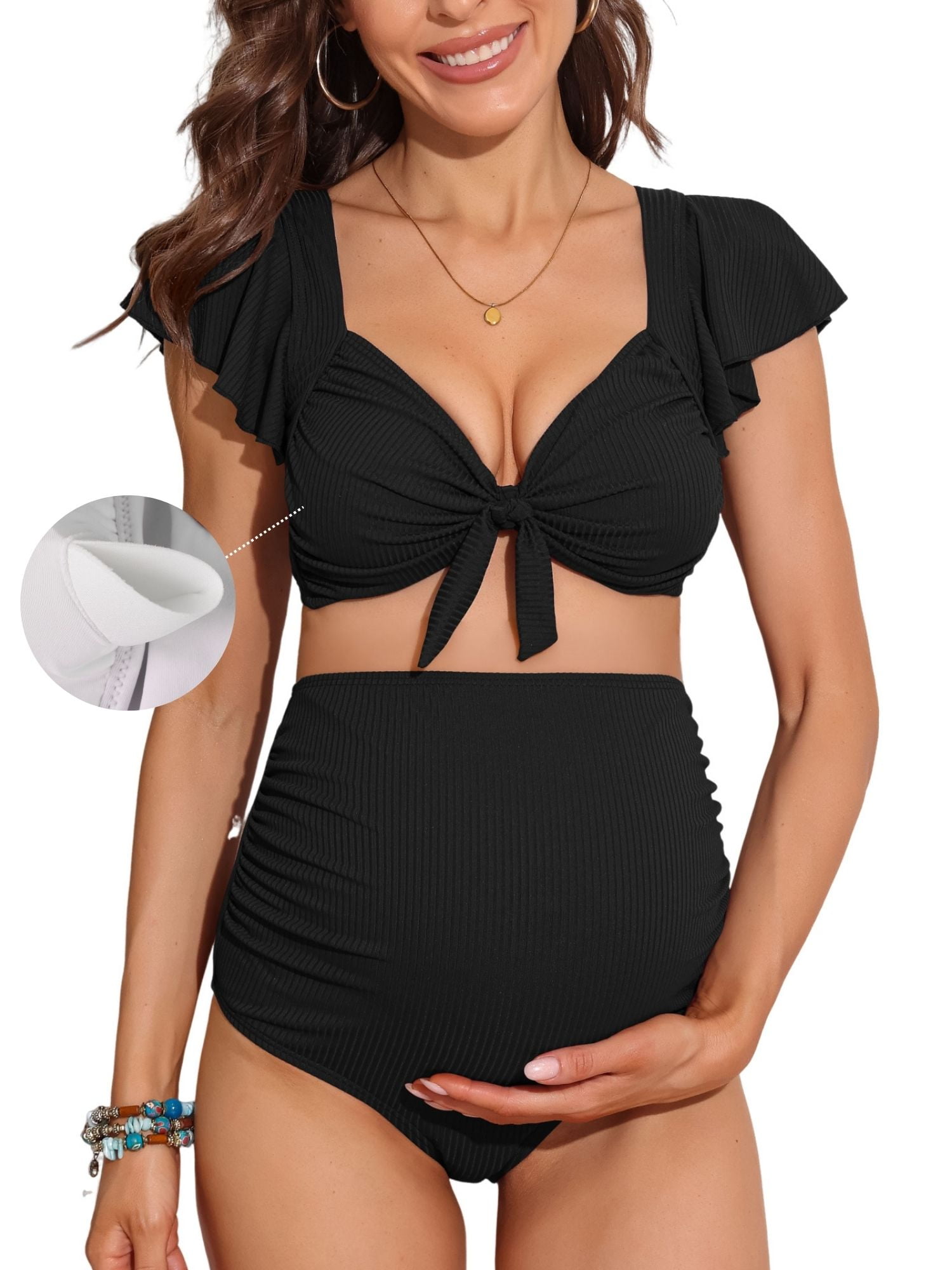 Women Ruffle Ribbed High Waisted Maternity Swimsuit