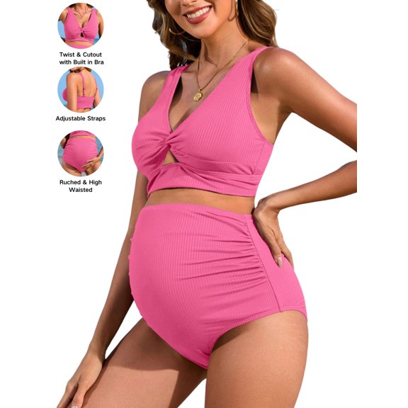 Attraco Maternity Two Piece Swimsuits Ribbed Front Twist Cutout Bikini Sets Ruched High Waisted Pregnancy Swimwears