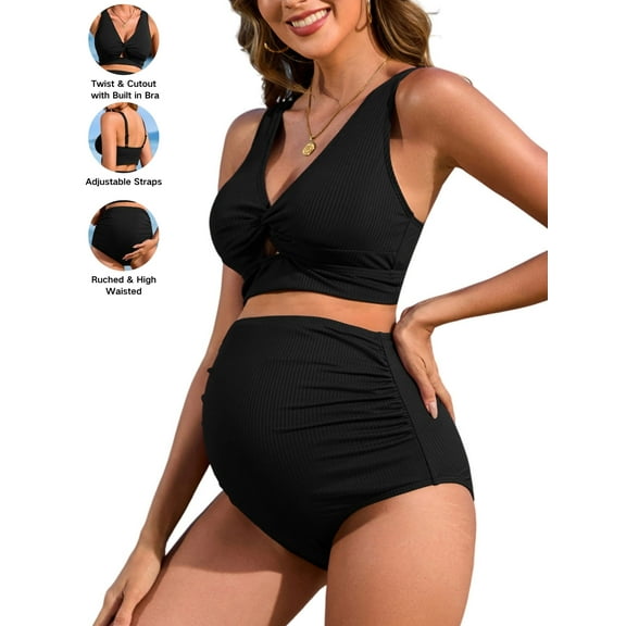 Attraco Maternity Two Piece Swimsuits Ribbed Front Twist Cutout Bikini Sets Ruched High Waisted Pregnancy Swimwears
