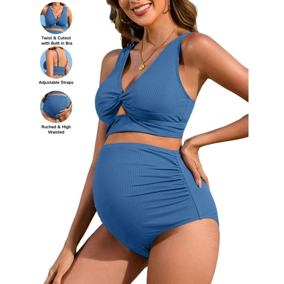 Attraco Maternity Two Piece Swimsuits Ribbed Front Twist Cutout Bikini Sets Ruched High Waisted Pregnancy Swimwears