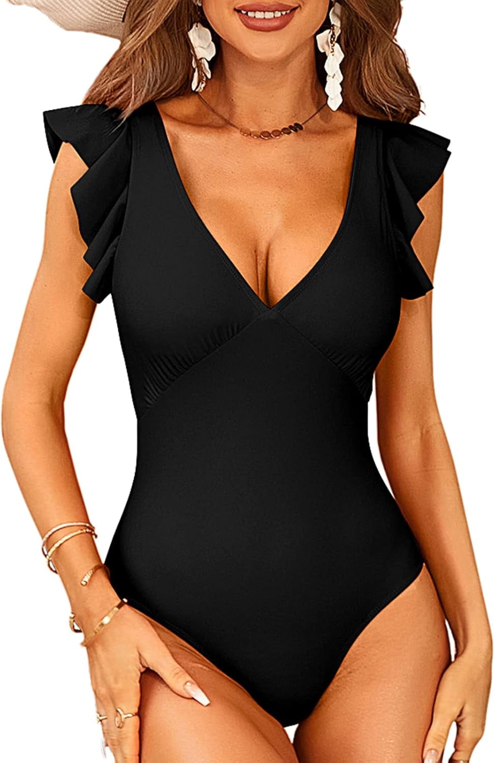 Plunging V-Neck Ruffle One-Piece Swimsuit in White