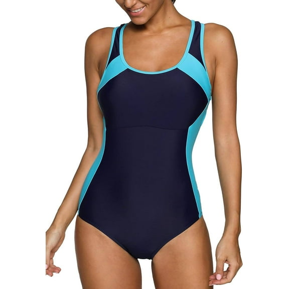 Attraco One Piece Women Sports Swimwear Sports Swimsuit Colorblock Swimwear Open Back Boyshort Bathing Suits Bikini Monokini