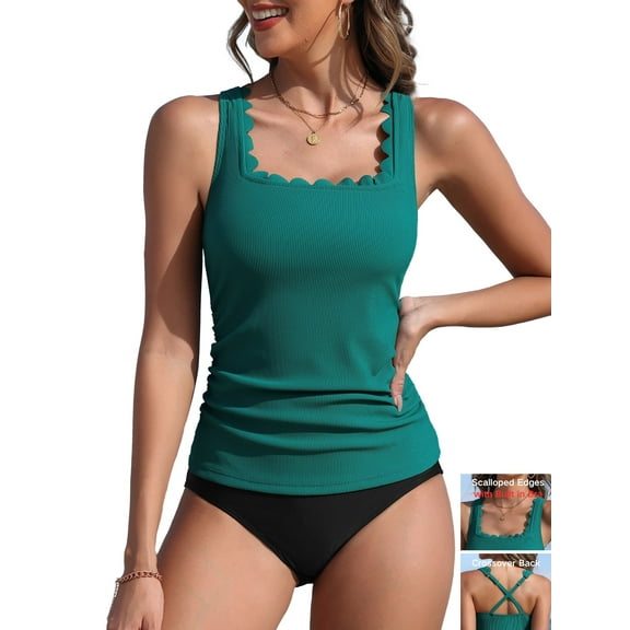 Attraco Ribbed Tankini Tops Scalloped Ruched Side Swim Tops with Remoavble Padded Crossover Straps Swimsuits Tops (No Bottom)