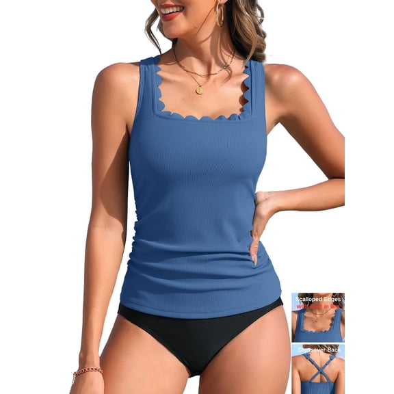 Attraco Ribbed Tankini Tops Scalloped Ruched Side Swim Tops with Remoavble Padded Crossover Straps Swimsuits Tops (No Bottom)