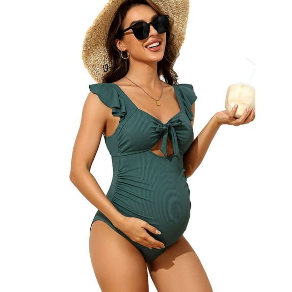 Attraco Ruffle Maternity Bathing Suits for Women Ribbed Tie Knot Maternity Swimsuit Cutout Ruched Pregnancy Swimwear