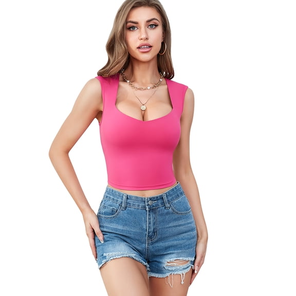 Attraco Sexy Summer Wear Built in Bras Crop Tank Top for Women V Neck Crop Top Casual Basic Yoga Tops
