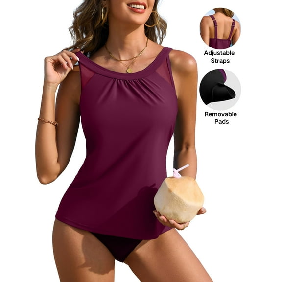 Attraco Tankini Tops (No Bottom) for Women Ruched Scoop Neck Loose Tank Top Built in Bras Swimsuits Tops Only