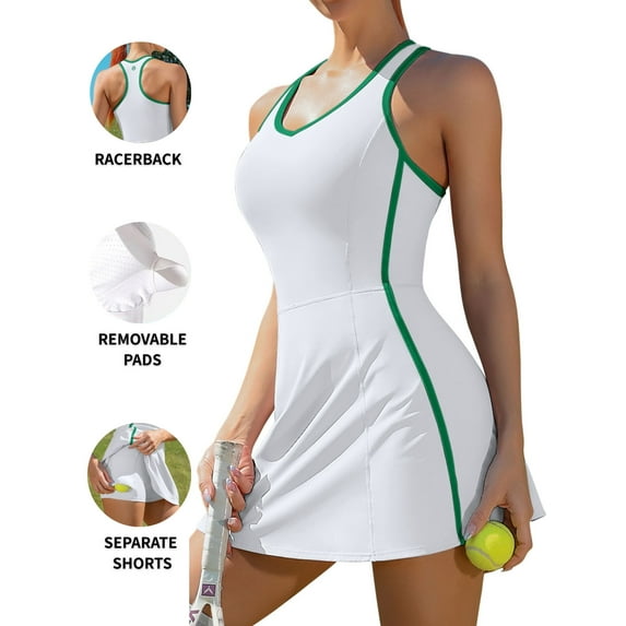 Attraco Tennis Dresses for Women Contrasting Colors with Shorts and Pockets and Bra V Neck Racerback Golf Activewear