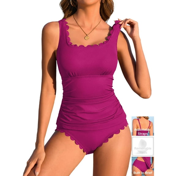 Attraco Two Piece Ribbed Tankini Swimsuits Square Neck Scalloped Tankini Tops with Tummy Contral Bottoms Bathing Suits