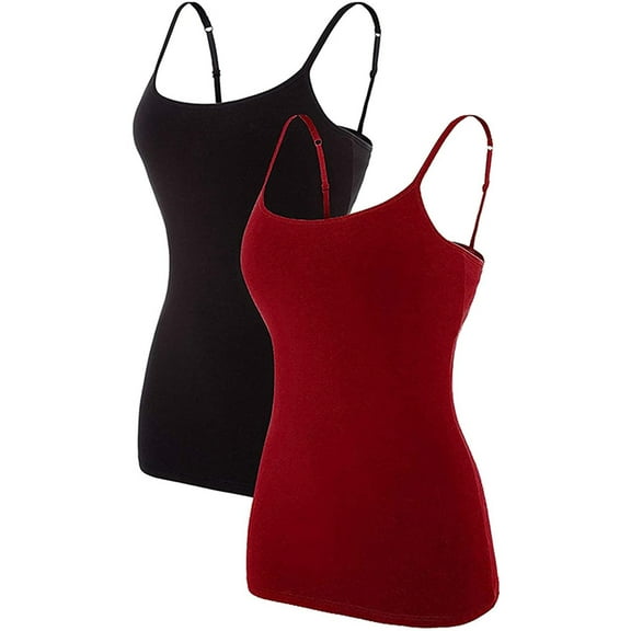 Attraco Women Basic Camisole Pack of 2 Cotton Long Top Scoop Neck Tank with Adjustable Spaghetti Straps Solid Color