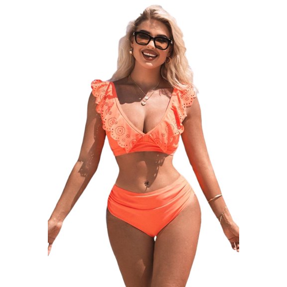 Attraco Women Bikini String 2 Pieces Shoulder Straps Swimsuit Lace Edge Swimwear Deep V Neck Bathing Suit