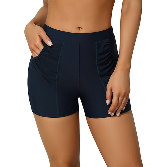 Attraco Women High Waist Swimming Shorts with Pockets Elastic Solid Tankini Bikini Bottom