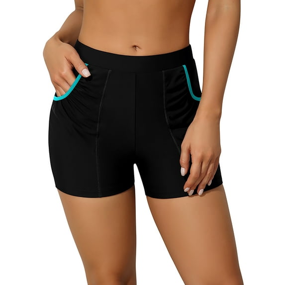 Attraco Women High Waist Swimming Shorts with Pockets Elastic Solid Tankini Bikini Bottom