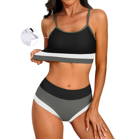 Attraco Women High Waisted Bikini Sets Sporty Color Block Two Piece Swimsuit Scoop Neck Bathing Suits Shoulder Straps Swimwear