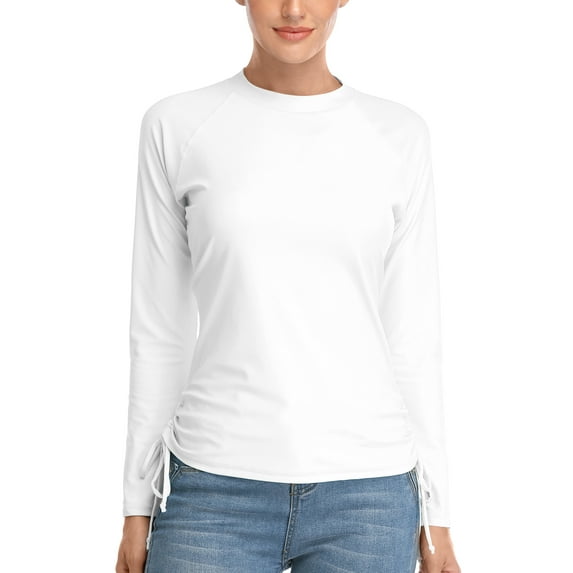 Attraco Women Long Sleeve Rash Guard Solid Color Side Banded Swimwear UPF 50+ Sun Protection Running Shirt