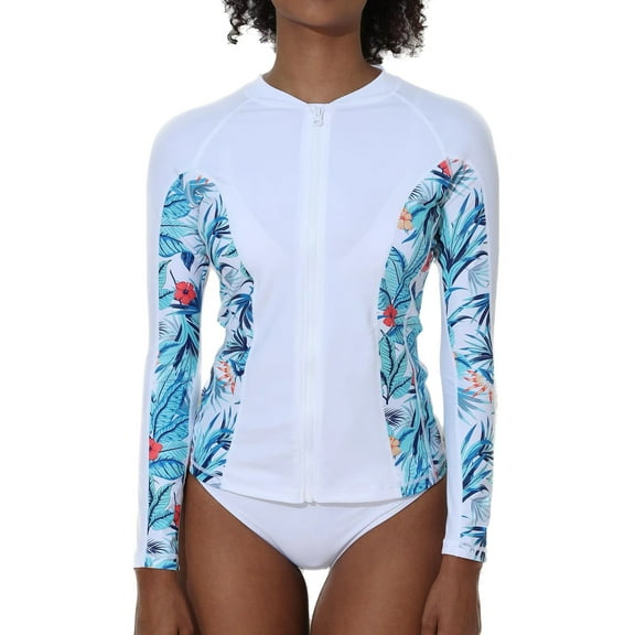Attraco Women Long Sleeve Zipper Rash Guard Color Block Swimwear UPF 50  Sun Protection Running Shirt
