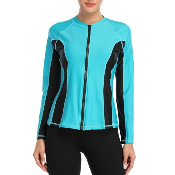 Attraco Women Long Sleeve Zipper Rash Guard Color Block Swimwear UPF 50  Sun Protection Running Shirt
