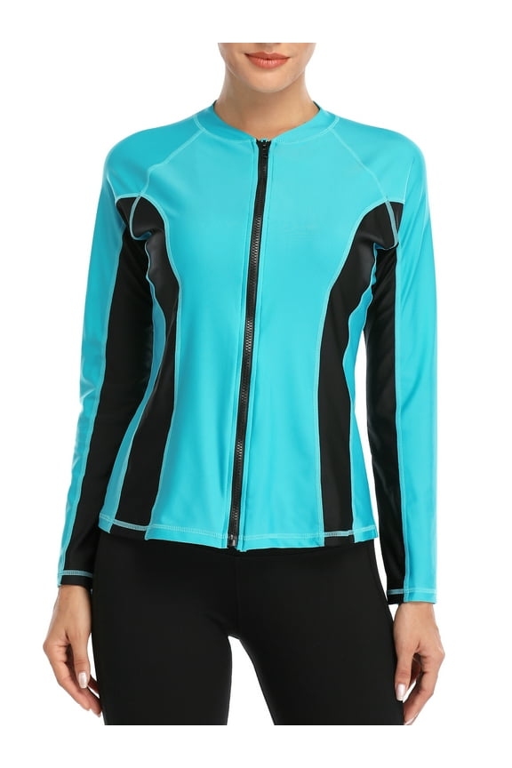 Women Long Sleeve Zipper Rash Guard Color Block Swimwear UPF 50+ Sun Protection Running Shirt