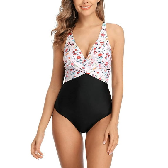 Attraco Women One Piece Swimsuit Front Cross Backless Sports Racerback Fashion Color Block Swimwear