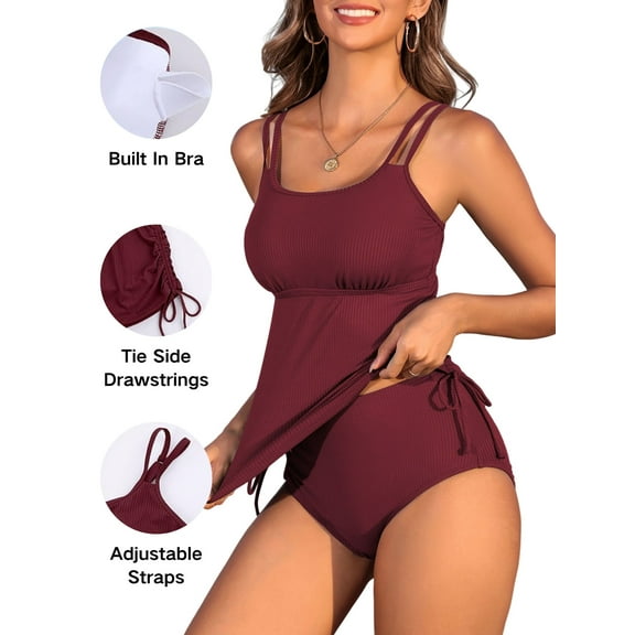 Attraco Women Ribbed Two Piece Tankini Swimsuits Built in Bras Side Tie Tankini Tops with Bottoms Bathing Suits
