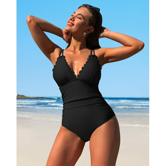 Attraco Women Scalloped One Piece Swimsuit Ruched Tummy Control Bathing Suit Cut Out Spaghetti Strap Monokini Swimwear