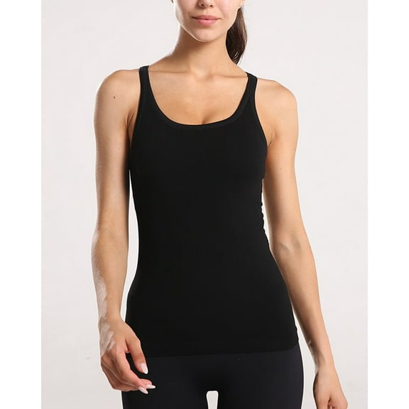 Attraco Women Solid Ribbed Workout Tank Tops Builting in Bra Tight Racerback Scoop Neck Sports Top