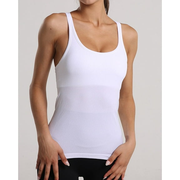 Attraco Women Solid Ribbed Workout Tank Tops Builting in Bra Tight Racerback Scoop Neck Sports Top
