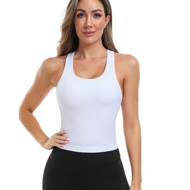 Attraco Women Sports Tops Workout Crop Top with Built in Bra U Neck Ribbed Seamless Yoga Tank Tight Fit