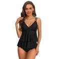 thumbnail image 1 of Attraco Women Tankini Set Solid Color Swimwear Swim Sets Shoulder Straps V Neck Cake Hemline Bathing Suit, 1 of 7