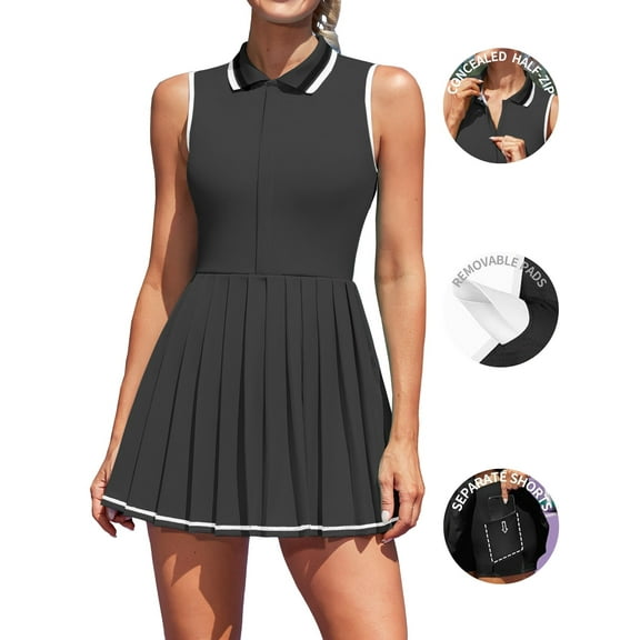 Attraco Women Tennis Dresses Ribbed Polo Tennis Dress Half Zip Pleated Workout Dress with Built in Shorts and Bra