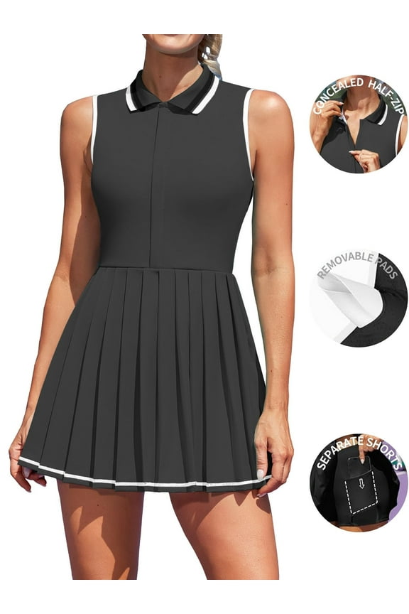 Women Tennis Dresses Ribbed Polo Tennis Dress Half Zip Pleated Workout Dress with Built in Shorts and Bra